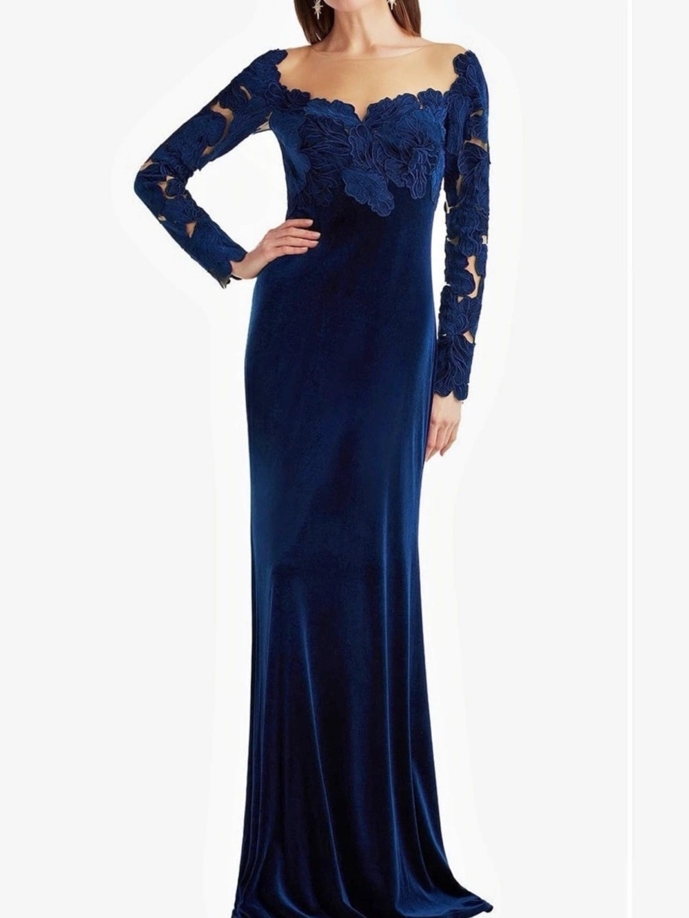 Tadashi Shoji Applique Illusion Stretch Velvet Mermaid Gown Blue Size 6